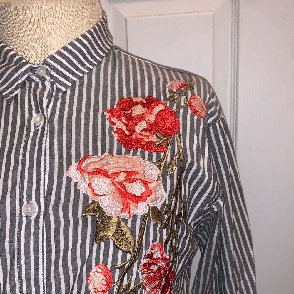 Striped button down with floral embroidery